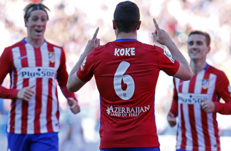 <p>Koke celebra su gol frente al Granada (3-0) el pasado 17 de abril en el Vicente Calderón.</p>