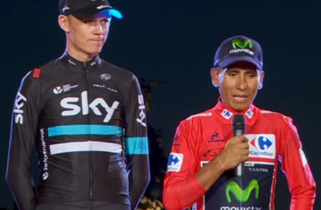 <p>Chris Froome y Nairo Quintana en el podio final de la Vuelta a España 2016</p>
