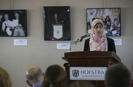 <p>Sophomore student, Fatimah Mozawalla during a talk on islamophobia. </p>