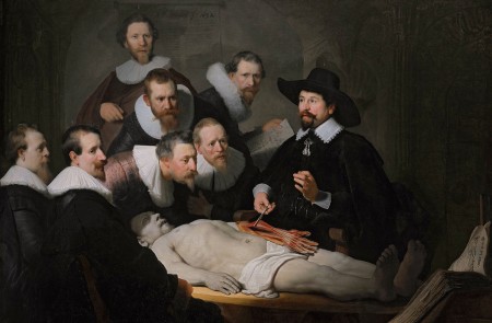 <p><em>La lección de anatomía del Dr. Nicolaes Tulp</em>, pintado en 1632 por Rembrandt como encargo del gremio de cirujanos de Ámsterdam.</p>