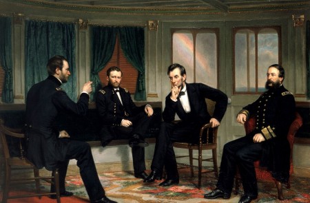 <p>Abraham Lincoln, en una reunión con el alto mando de la Unión, durante los últimos días de la Guerra Civil Americana.</p>