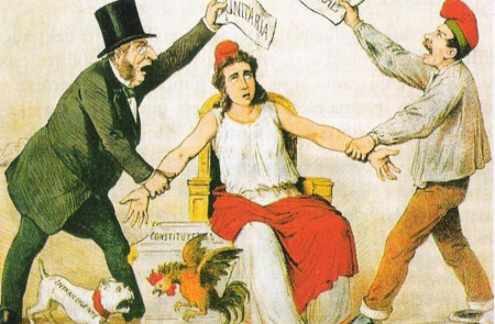 <p>Caricatura publicada en la revista <em>La Flaca</em> en 1873</p>