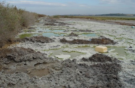<p>Suelo con residuos tóxicos derivados de la producción de fertilizante en Huelva.</p>