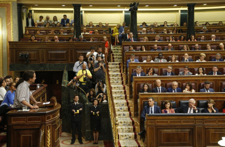 <p>Pablo Iglesias durante su intervención en el debate previo a la segunda votación de investidura. </p>