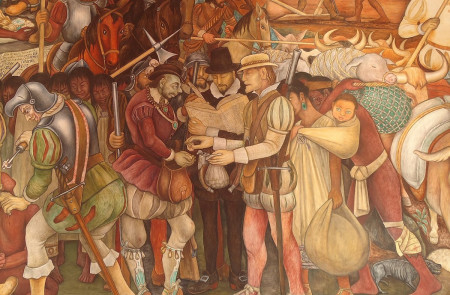 <p>Representación de la llegada de Hernán Cortés a Veracruz / Mural de Diego Rivera en el Palacio Nacional de México.</p>