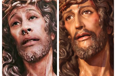 <p>Un montaje fotográfico (izquierda) sobre la imagen de Cristo (derecha).</p>