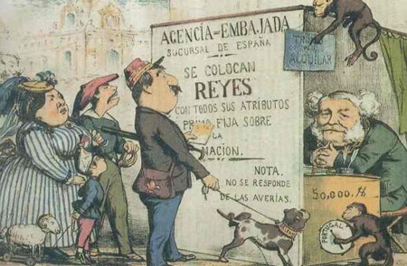 <p>Caricatura sobre la sucesión monárquica en la revista La Flaca (1869).</p>