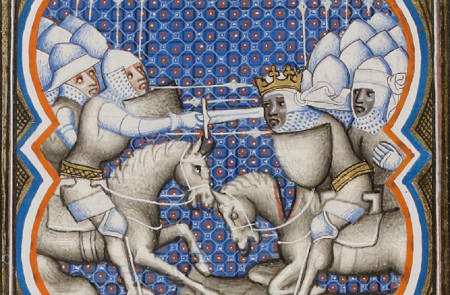 <p>La batalla de Roncesvalles. Miniatura iluminada. <em>Grandes Chroniques de France (</em>1375-1380)</p>
