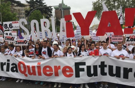 <p>La plataforma Soria Ya en la manifestación de la España Vaciada en abril de 2019 en Madrid.</p>