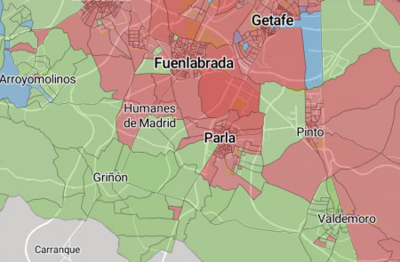 <p>Mapa de distribución de voto por partido de las elecciones generales en la zona sur de Madrid.</p>