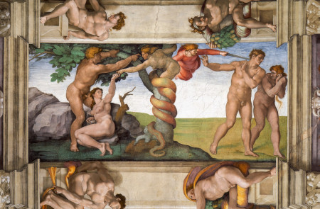 <p>'Caída del Hombre, pecado original y expulsión del Paraíso', el sexto fresco que pintó Miguel Ángel en la Capilla Sixtina (1509).</p>