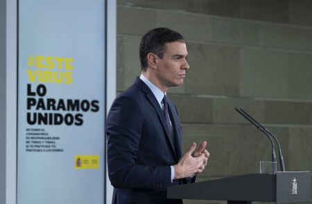 <p>Pedro Sánchez, en la rueda de prensa telemática donde ha anunciado un paquete de medidas económicas. </p>