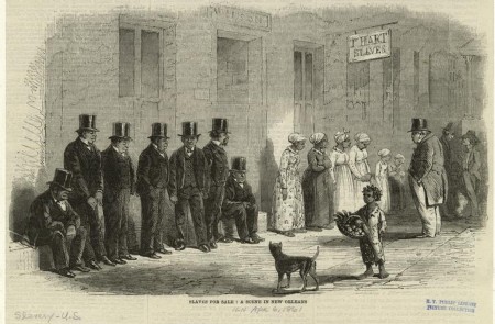 <p>Esclavos en venta: una escena en Nueva Orleans, 1861. Autor desconocido.</p>