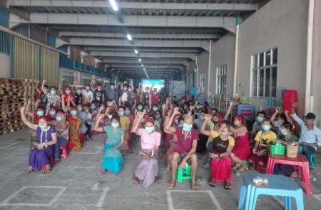 <p>Protesta de las trabajadoras de la fábrica Rui Ning en Myanmar.</p>