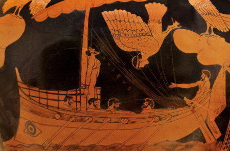 <p>Historia de <em>Odiseo (Ulises) y las sirenas</em> en un stamno del s.V a.C.</p>