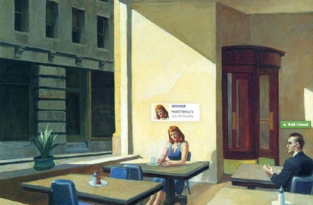 <p>El cuadro de <em>Sunlight in a Cafeteria </em>(1958, Edward Hopper), modificado con notificaciones de redes sociales. </p>