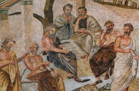 <p>Detalle del mosaico del siglo I hallado en Pompeya que representa a la Academia de Platón.</p>