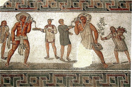 <p>Mosaico de mediados del siglo III con imágenes de esclavos de Dougga, Túnez.</p>