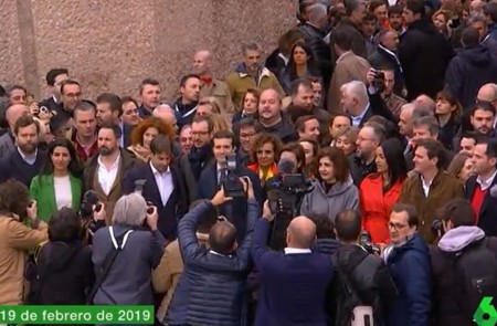 <p>Los líderes de PP, Vox y Cs en la plaza de Colón (Madrid) en 2019.</p>
