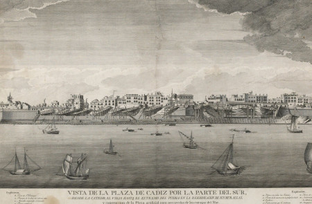 <p>Grabado de Cádiz con la Torre del Sagrario a la izquierda y la reconstrucción de las murallas en el S.XVIII.</p>