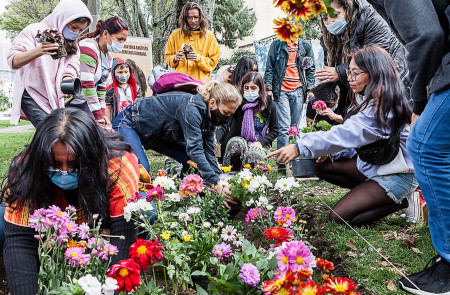 <p>Familiares de personas desaparecidas plantan el Jardín de la memoria en el Park Way de Bogotá.</p>