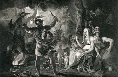 <p>Macbeth, las tres brujas, Hécate y los ocho reyes en la cueva. Grabado de Roberth Thew (1802) a partir de la pintura de Sir Joshua Reynolds.</p>