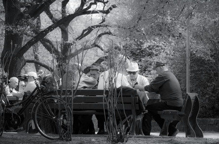 <p>Un grupo de adultos mayores sentados en el banco de un parque. </p>