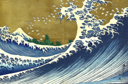 <p>Versión coloreada de la ilustración La gran ola, que forma parte de la obra Cien miradas al monte Fuji, de Hokusai (siglo XIX).</p>
