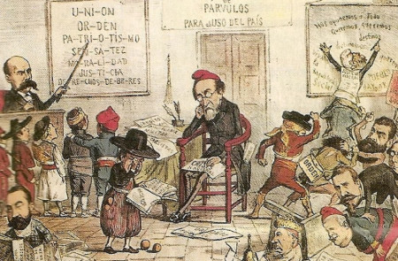 <p>Caricatura de la revista satírica ‘La Flaca’ en la que aparece Pi y Margall desbordado por el federalismo, representado en figuras infantiles.</p>