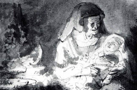 <p>Anciana con bebé en brazos. Escuela de Rembrandt (1643). </p>
