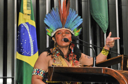 <p>La líder indígena Sonia Guajajara durante un discurso en el Senado brasileño en 2015. </p>