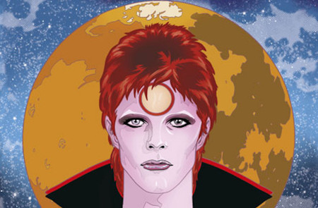 <p>Ilsutración de la portada de <em>Bowie. Polvo de estrellas, pistolas de rayos y fantasías de la era espacial</em>.</p>