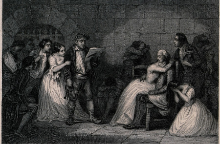 <p>Carcelero leyendo las convocatorias de ejecución de los prisioneros durante la Revolución Francesa. Grabado de 1881.</p>