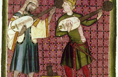 <p>Imagen de Cantigas de Santa María de músicos europeos e islámicos del siglo XIII tocando instrumentos de cuerda. Cántico n°120. siglo 13.</p>