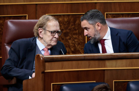 <p>Ramón Tamames y Santiago Abascal, durante la moción de censura.</p>