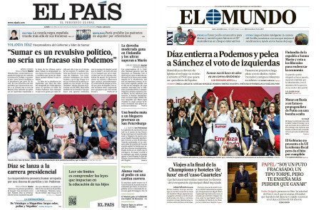 <p>Las portadas de <em>El País</em> y <em>El Mundo</em> del lunes 3 de abril, tras la presentación de Sumar.</p>