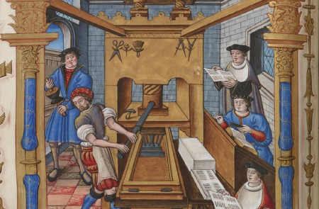 <p>Taller de imprenta francesa a principios del siglo XVI. Autor desconocido. <strong>/ Biblioteca Nacional de Francia, Departamento de Manuscritos, París</strong></p>