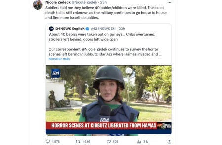 <p>Tuit de Nicole Zedeck, periodista de i24news que publicó la noticia de los 40 bebés decapitados. <strong>/ Twitter</strong></p>