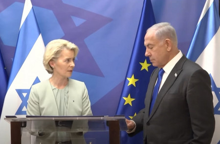 <p>Von der Leyen y Netanyahu en una rueda de prensa en octubre de 2023. / <strong>Comisión Europea (Youtube)</strong></p>