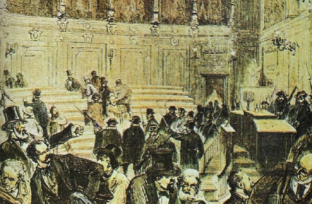 <p>Grabado que muestra la irrupción de las tropas del general Pavía en el Congreso en 1874.</p>