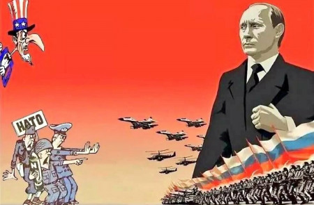 <p>Ilustración que caricaturiza el enfrentamiento entre Rusia y la OTAN.</p>