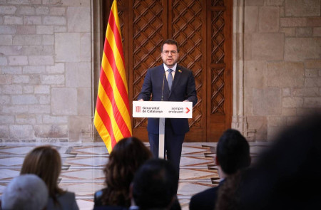 <p>Pere Aragonés comparece en el Palau de la Generalitat para anunciar el adelanto electoral, a 13 de marzo de 2024. / <strong>Generalitat de Catalunya</strong></p>
