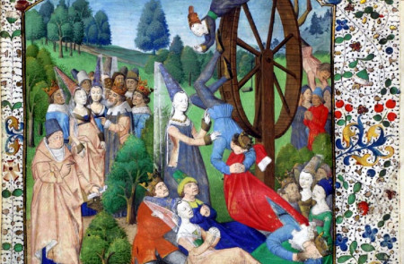 <p>La rueda de la dama Fortuna, del libro 'De casibus virorum illustrium' de Boccaccio. París, 1467. / <strong>Biblioteca de la Universidad de Glasgow</strong></p>