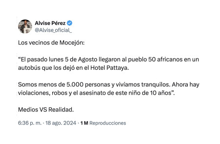 <p>Tuit del eurodiputado Alvise Pérez en el que insinúa una relación entre migración y un supuesto aumento de la violencia en Mocejón (Toledo), del 18 de agosto. / <strong>@Alvise_oficial_</strong></p>