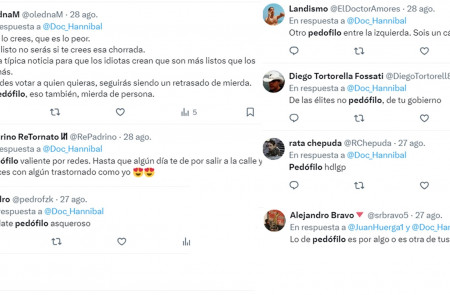 <p>Pantallazo extraído de las redes sociales en el que se muestran algunos de los insultos y acusaciones falsas que ha sufrido el usuario @Doc_Hannibal.</p>