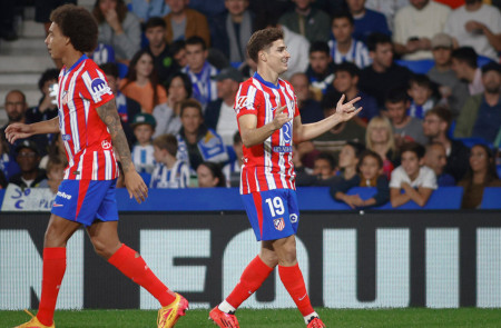 <p>Julián Álvarez celebara su gol en Anoeta en el minuto 1. / <strong>Club Atlético de Madrid</strong></p>