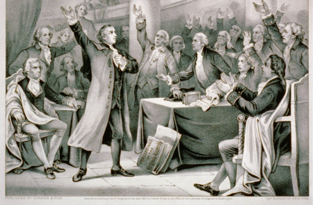 <p>Ilustración de Patrick Henry pronunciando su gran discurso sobre los derechos de las colonias ante la Asamblea de Virginia, convocada en Richmond, el 23 de marzo de 1775. / <strong>Library of Congress</strong></p>