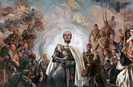 <p><em>Alegoría de Franco y la cruzada</em>. Óleo sobre lienzo del pintor boliviano Arturo Reque Meruvia (1948).</p>