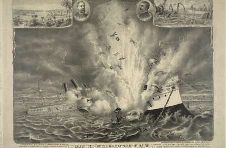 <p>Ilustración estadounidense de la explosión del Maine en el puerto de La Habana, publicada en 1898. /<br /><strong>Kurz & Allison. Library of Congress</strong></p>