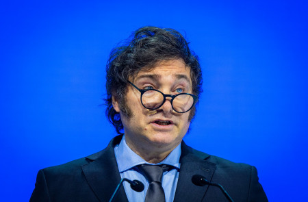 <p>El presidente argentino, Javier Milei, durante su discurso en el Foro de Davos de 2025. /<strong> Gabriel Lado (<strong>World Economic Forum)</strong></strong></p>